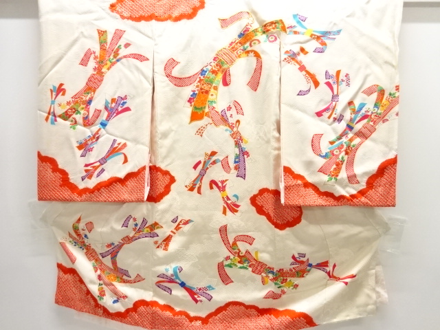 アンティーク　絞り雲に束ね熨斗模様刺繍着物(内袖・長襦袢付き)